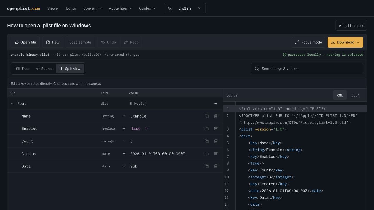 A binary plist opened in OpenPlist, with Name, Count, Created and Data in the tree and XML beside it.